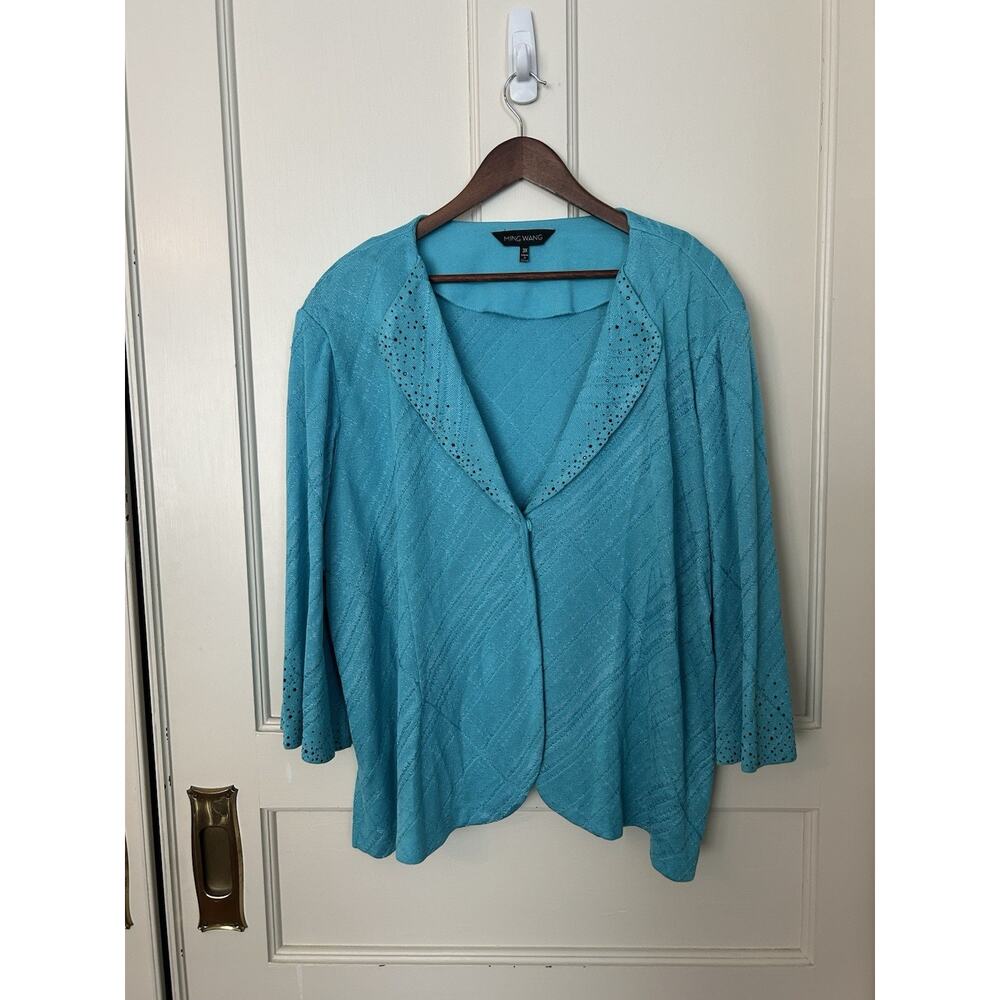 Ming Wang Rhinestone Snap Button Cardigan Womens Size 3X Blue Classic Preppy